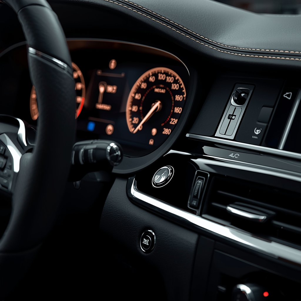 Luxury car interior leather detailing, close up of stitching and dashboard symbols, elegant lighting, 4k